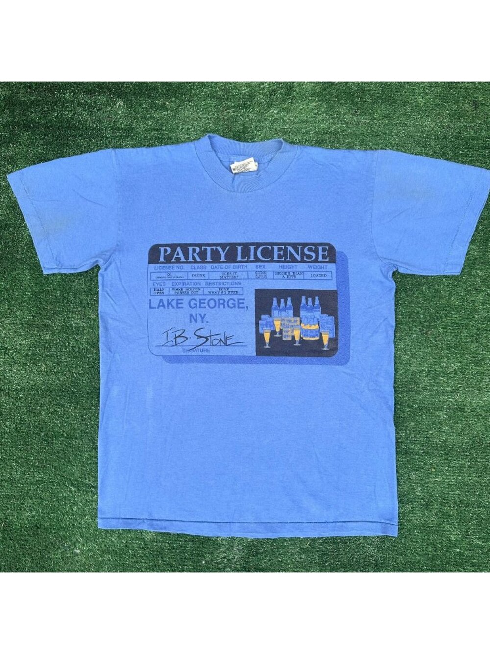 Vintage 90s NY Party License T-Shirt Blue S Single Stitch College Humor Funny